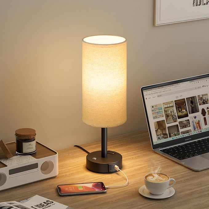 Beige Touch Bedside Lamp for Bedroom, Stepless Dimmable, USB A+C, AC Outlet | Base Touch Button Only, Memory Brightness, Ultra-dim Night Light, Included Bulb for Optimal Dimming, Beige Fabric Shade, Desk