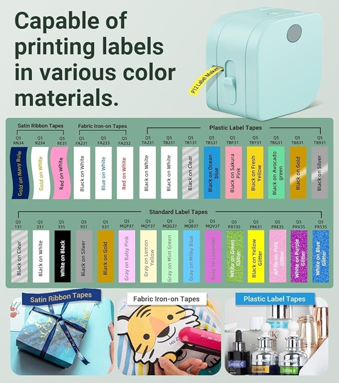Phomemo Label Maker Machine with 3 Tapes, P12 Small Bluetooth Mini Label Makers with Multiple Templates Ribbon Printer Machine for Kid School Items, Home, Cloth Name Tag, Gift Wrap, Green