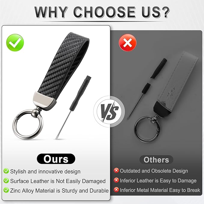 JUSTTOP Leather Keychain, Carbon Fiber Car Key Chain with Anti-Lost D-Ring and 2 Key Ring, Keychain Wristlet, Car Accessories, Universal Keychain for Men and Women (Black)