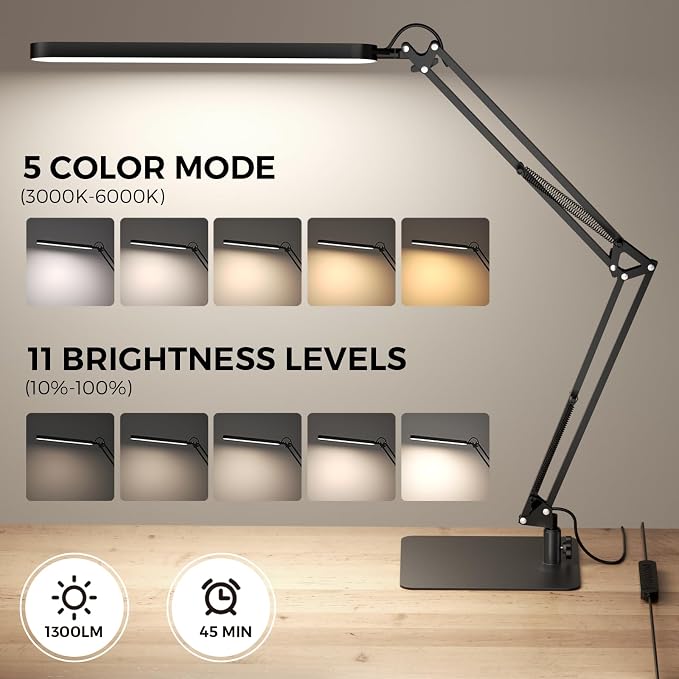 LED Desk Lamp with Slim Base - Adjustable Swing Arm Desk Light, Dimmable, Timer, Eye Protection, Memory Function, 1300LM, 12W, Black