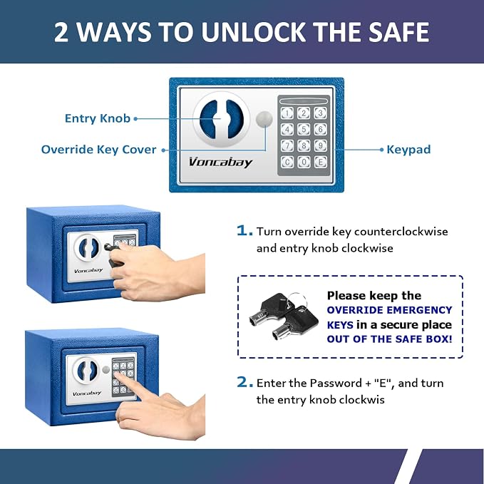 Voncabay Money Safe Box for Home with Sensor Light & Fireproof Security Safe Box for Money Safe with Keys & Pass Code, Lock Box Fireproof Safe with Digital Keypad Blue