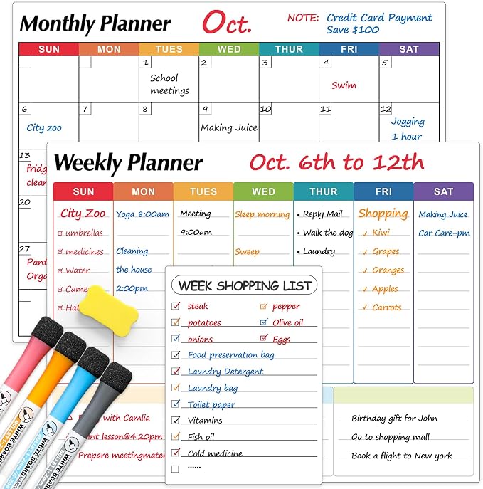 Dry Erase Magnetic Calendar for Refrigerator, 3 Pack- Monthly & Weekly & Daily Planner Magnet Whiteboard for Fridge Wall Door - Shopping, Meal/Menu, to Do List, Family Schedule Planning Board (C)
