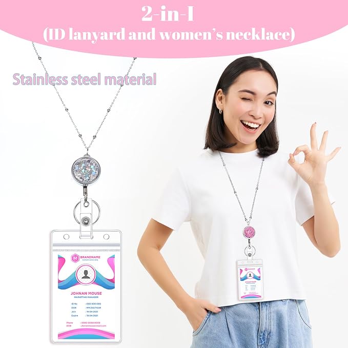 3 Pack Women's Lanyards with 6 Pcs Id Badge Holder for Women's Cruise Lanyards Stainless Steel Glitter Teacher Necklace for Badge Holder Cruise Ship Cards