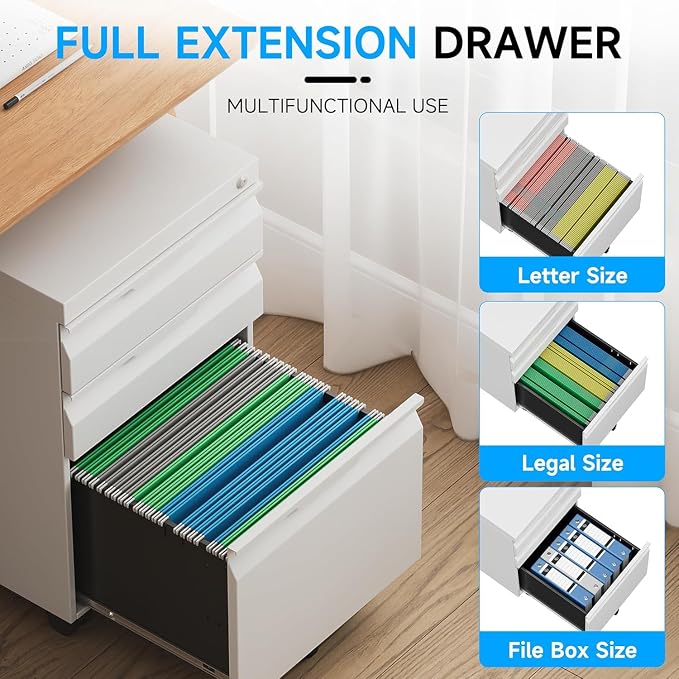 3 Drawer Mobile File Cabinet with Lock, Rolling File Cabinet with Wheels | Metal Small Filing Cabinet with Wheels for Home Office Storage, Fits Legal/A4/Letter/Document Size, Required Assembly, Black