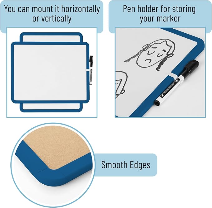 Mr. Pen- Dry Erase Board, 14” x 11” with a Black Dry Erase Marker | Dark Blue Frame, Small Mini White Board for Students, Fridge, Wall, Locker, Includes Double Sided Tapes