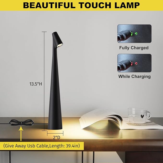 Black Set of 2 Cordless Table Lamps Rechargeable Battery Operated Lamp Touch,Waterproof Desk Lights for Reading,Bedroom, Living Room,Nightstand,3 Levels Brightness