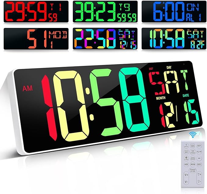 17.2" Large Digital Wall Clock 10 RGB Colors 9 Group Timer Remote Control | Large Display for Living Room Classroom Garage LED Wall Clock with Temperature Date Week Auto DST Gift for Senior Mom Dad