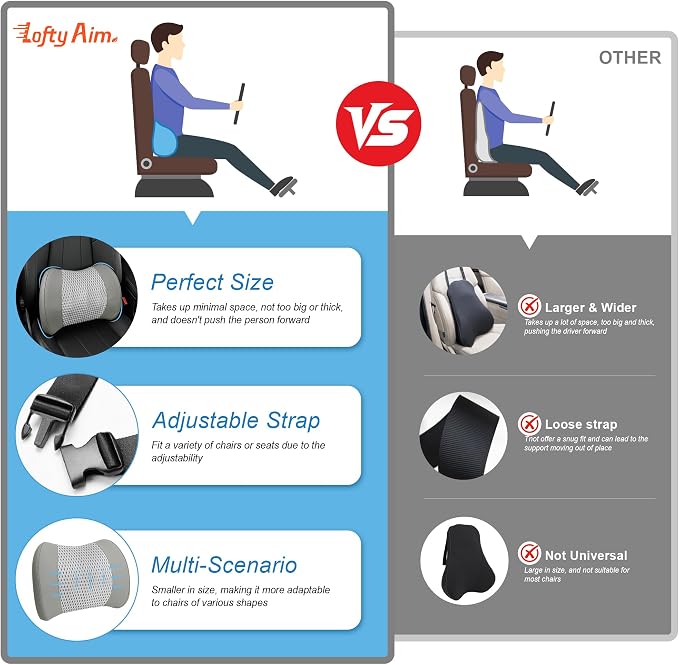 Lofty Aim Lumbar Support Pillow for Car, Car Seat Back Support for Driving | Memory Foam Car Lumbar Support for Driving, Car Back Cushion, Adjustable Straps, Lower Back Pillow, Breathable 4D Mesh, Gray