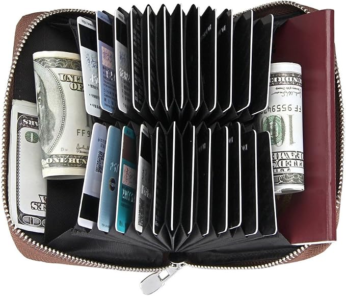 RFID Blocking 24 Slot Credit Card Holder Wallet Real Leather Multi Card Organizer Wallet with Zipper