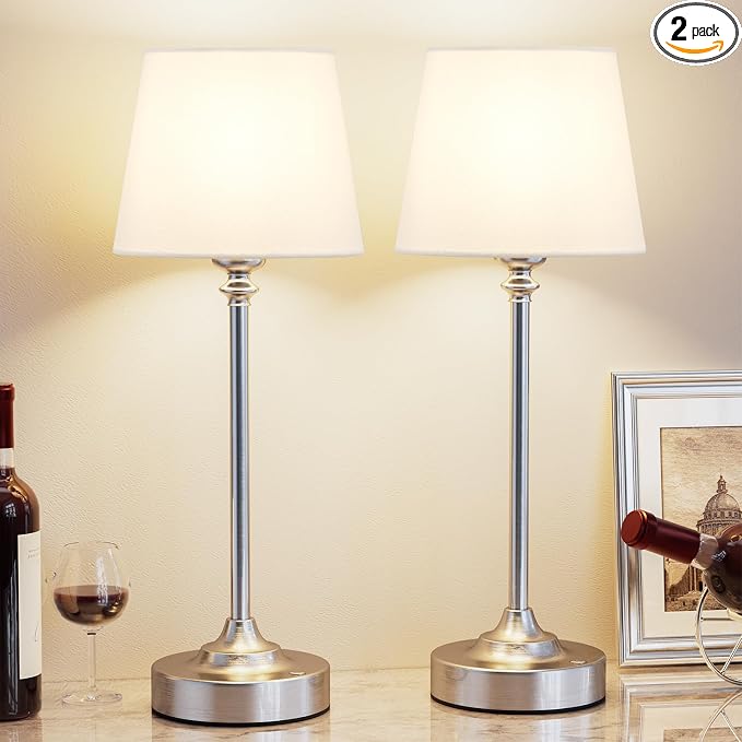 Kakanuo Cordless Table Lamps Rechargeable Set - 2 Pack Silver 4000mAH Battery Operated Lamps for Decor, 3000K Stepless Dimming Touch Wireless Lamp for Bedroom, Dining Table, Living Room, White Shade