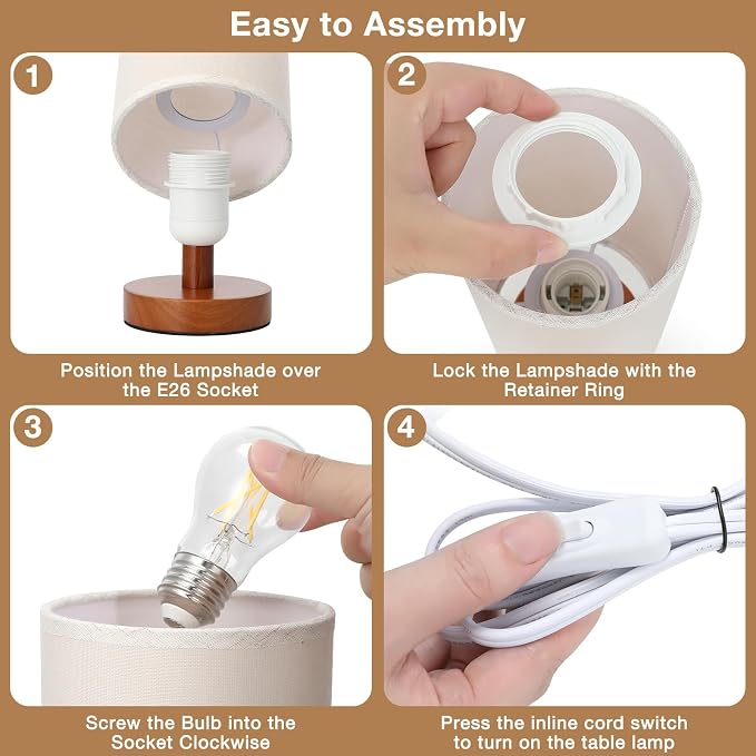 Small Table Lamps (Beige Shade - Walnut Base, 9" Inline Control) | 3000K LED Blub Included | 680 Lumens | Easy Assembly | Minimalist Design | E26 | for Kitchen | for Kids Room
