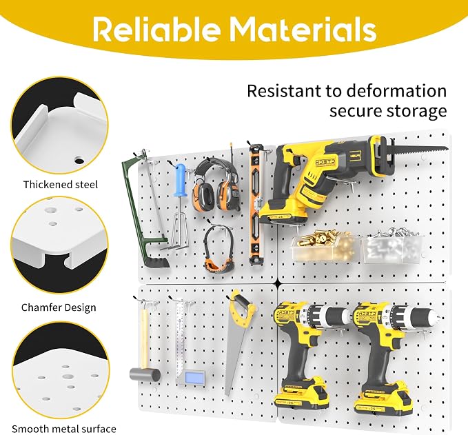 Steel Pegboard Tool Wall Organizer, 4 Pack 14.76 x 10.82 in, 6 Bins, White | 6 clear storage bins organize screws and small parts; 36 hooks and 30 peg locks keep garage tools sorted and easy to reach.