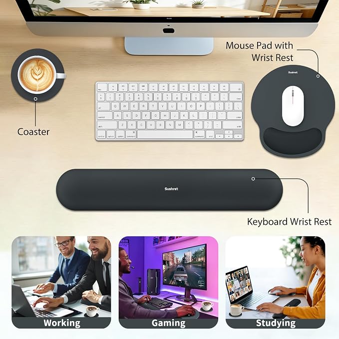Mouse Pad and Keyboard Wrist Rest, 3-in-1 Gel Memory Foam Ergonomic Mouse Pad with Wrist Rest Set, Gaming Mousepad Arm Cushion Support for Computer Office Desk Accessories Cute Setup, Charcoal