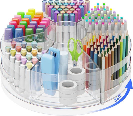 Pen Organizer for Desk - Acrylic Pen Holder with Hand Grips, 360° Extra Large Rotating Desk Organizer with 7 Removable Compartments for Office, Home, and Makeup Storage, Marker Organizer