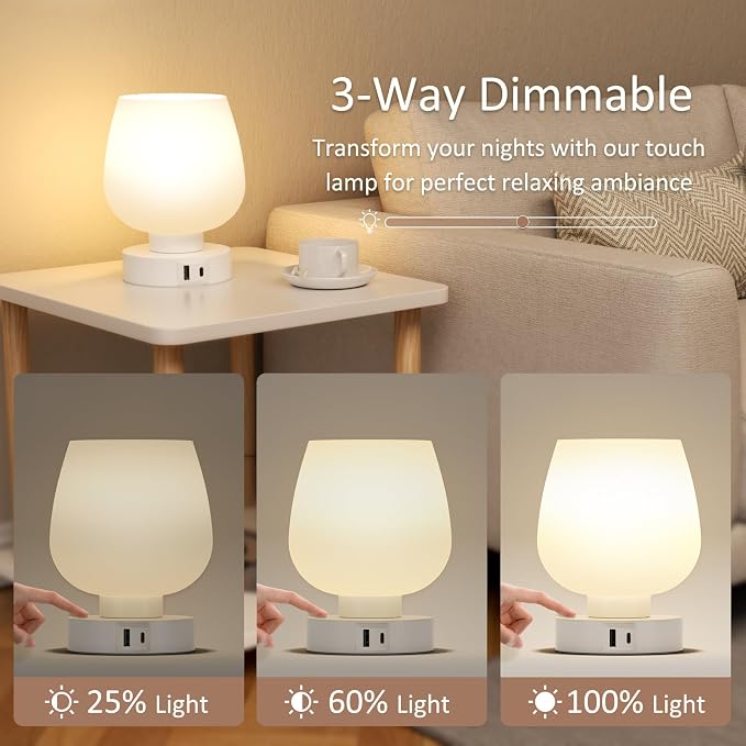 Seealle Touch Table Lamp for Nightstand Set of 2 - Bedside Lamp with USB C+A Charging Ports for Bedroom Living Room Night Stands, Desk Lamp with White Glass Shade for Small Spaces, 3 Way Dimmable