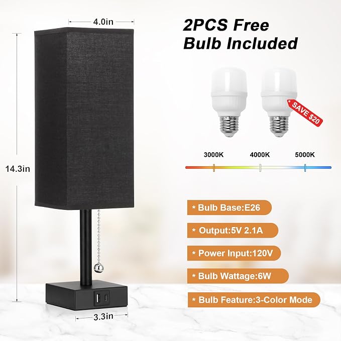 Set of 2 Black Bedside Table Lamps for Bedroom - Nightstand Lamp, USB C+A | Pull Chain Lamp, 3 Color Modes(3000K/4000K/5000K), E26 LED Bulb Included, Square Black Fabric Lampshade, for Read, Work, Dorm