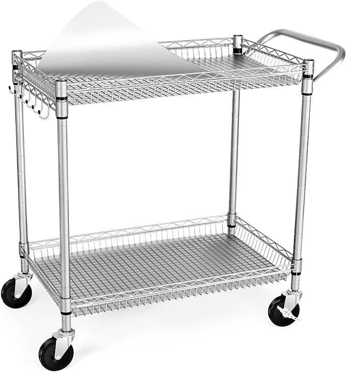 Heavy Duty 2 Tier Rolling Cart, NSF Listed, 660Lbs Capacity, Commercial Grade Metal, 35.63"x18.1"x33.93"