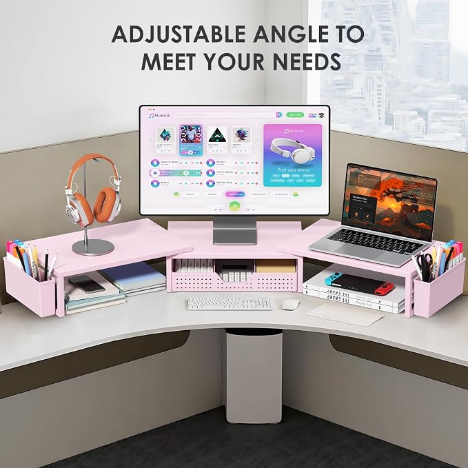 Desk Organizers and Accessories, Dual Monitor Stand Riser with Drawer and 2 Pen Holders, Desk Shelf Computer Racks for Office Workspace Organizers, Desktop Organization (Pink)