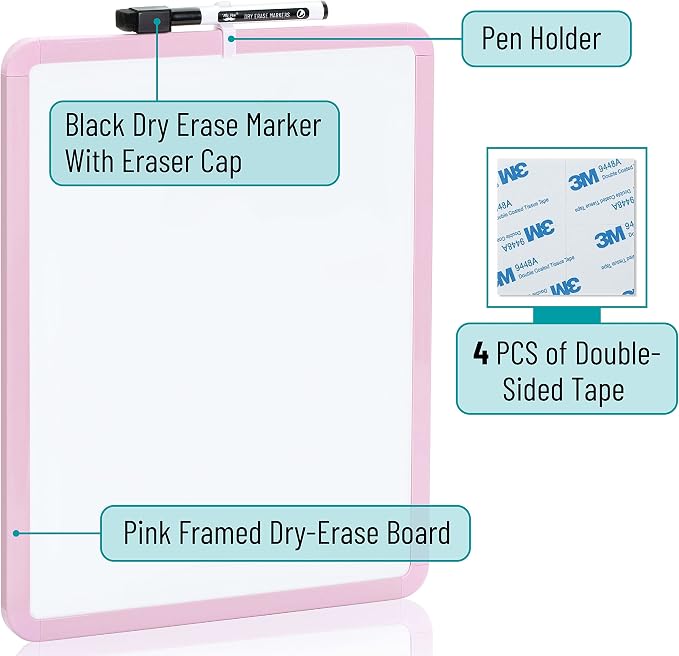 Mr. Pen- Dry Erase Board, 14” x 11” with a Black Dry Erase Marker | Pink Frame, Small Mini White Board for Students, Fridge, Wall, Locker, Includes Double Sided Tapes