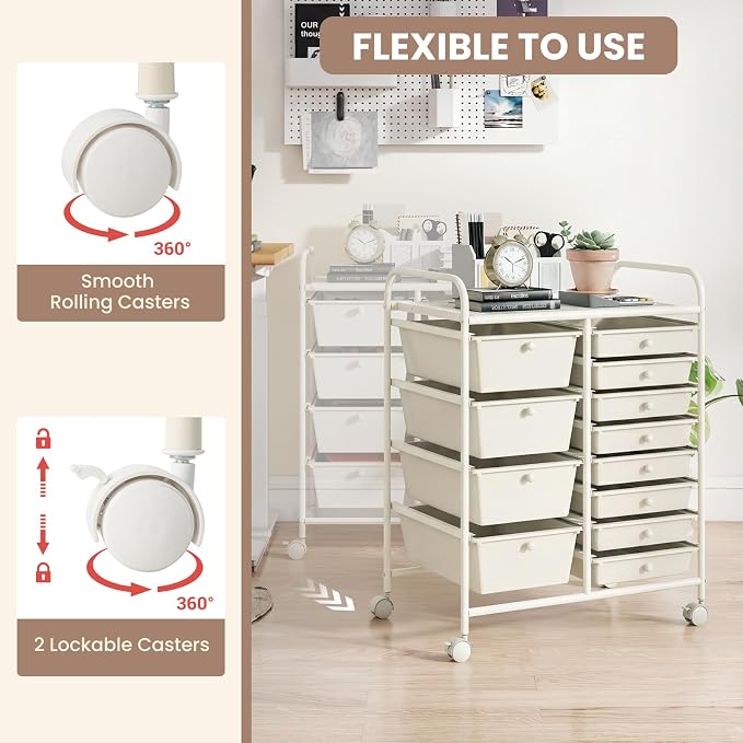 COSTWAY 12 Drawer Rolling Storage Cart, Utility Cart with Metal Frame | Mobile Art Supply Craft Organizer, Multipurpose Storage Organizer for Paper, Office, School Teacher, Classroom, White