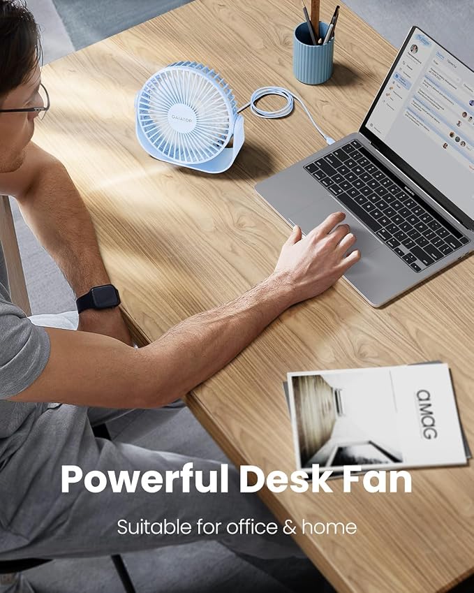 Gaiatop USB Desk Fan, 3 Speeds Strong Airflow, 5.5 Inch Portable 90° Rotate Quiet Cooling, Small Personal Table Fans for Bedroom Home Office Travel Blue