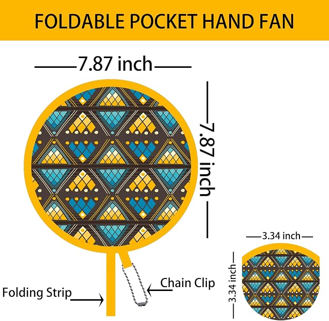4 Pack Ethnic African Print Folding Hand Fan – Portable Circle Fabric Fan, Boho Ethno Pattern, Lightweight Cooling Fan for Travel, Festival, Beach, Summer Gift (Yellow)