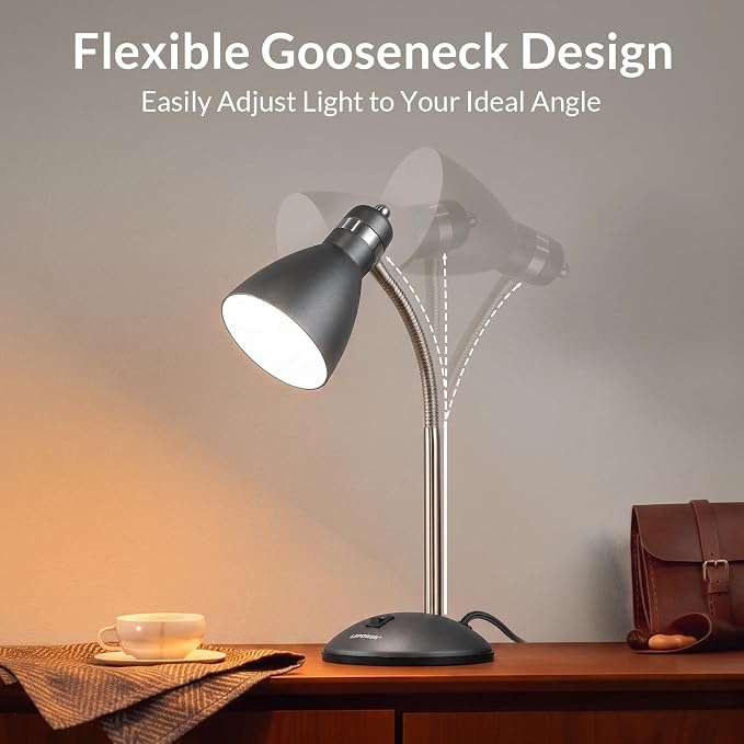 LEPOWER Metal Desk Lamp, Adjustable GooseNeck Reading Light for Bedroom | Compact & Sturdy, Space-Saving for Bedside & Dorm, E26 Table Lamp, Eye-Caring, Ideal for Study, Office, Back to School