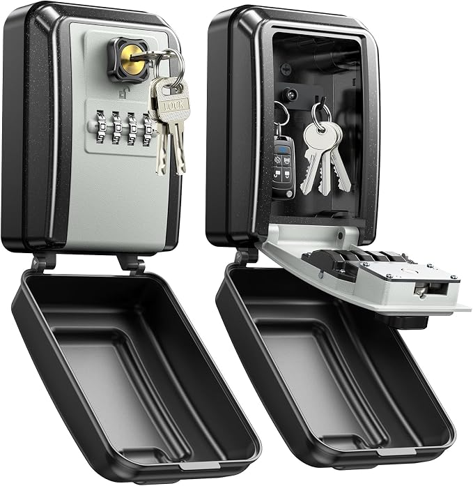 Wall-Mounted Lock Box for Keys with Code, Large Capacity 4 Digits Combination Key Lock Box with Resettable Spare Key, Weatherproof Key Safe Storage Lockbox for Home, Apartment, Office, Gray
