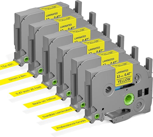 Freshworld 6-Pack TZe-631 Replace for Brother Label Maker Tape 12mm Yellow Laminated Compatible with Brother P-Touch Label Tape 1/2 inch Yellow Refill TZe631 for PTD210 D220 H110 H111 D410 610BT Cube