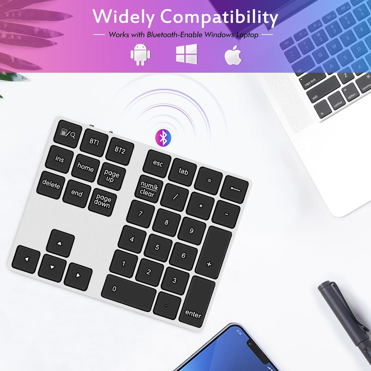 Foloda Bluetooth Number Keypad, Wireless 10 Keys Number Pad for Laptop, 34 Keys Rechargeable Numeric Numpad Key Pad Extensions Keyboard for Chromebook Notebook MacBook