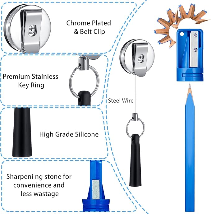 Honoson 24 Pcs Carpenter Pencil with Sharpener,Blue Cover, Black Refill | Construction Pencils for Jobsite, Octagonal Flat Design Prevents Rolling, Black Refill Clear Marking, Retractable Pen Holder