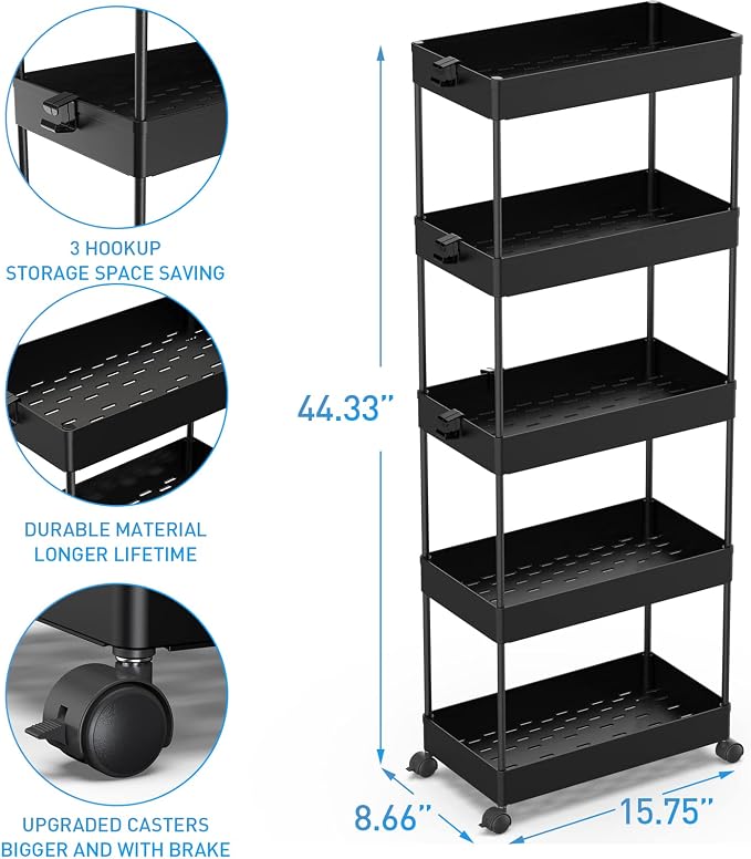 SPACEKEEPER 5 Tier Storage Rolling Cart, Bathroom Cart with Wheels, Black | Mobile Storage Cart for Laundry Room Organization,Kitchen,Office,Bathroom, Utility Cart for Snack,Craft,Art,Makeup,Nail,Toys