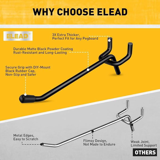 ELEAD 60-Piece 4 Inch Extra Thick Pegboard Hooks, Heavy Duty Peg Board Organizer Accessories, Peg Board Tool Hangers Fit for 1/4" Pegboard Hanging Tools Garage, Workshop, and Craft Storage