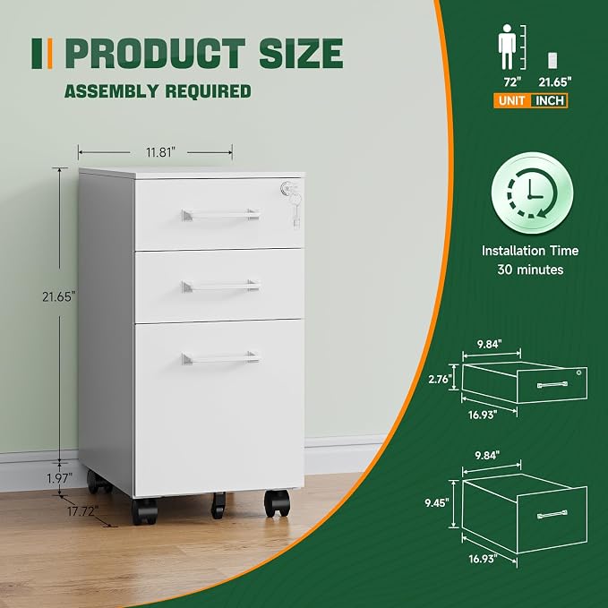 3 Drawer Mobile File Cabinet with Lock,Under Desk Metal Filing Cabinets for Home Office Organizer,Small Rolling Printer Stand with Wheels,for Letters/Legal/A4(Assembly Required) (White)