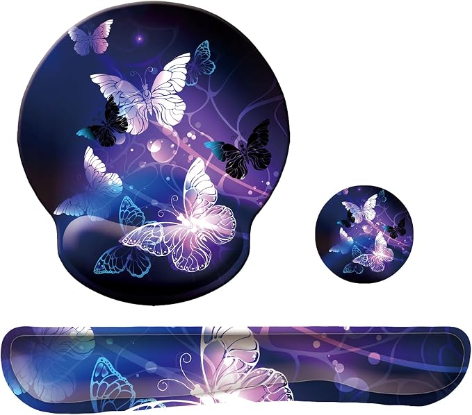 Keyboard Wrist Rest Pad Mouse Pad with Wrist Support Set of 3, Mousepad with Non-Slip Rubber Base, Ergonomic Memory Foam Mouse Wrist Cushion Support for Home Office Laptop Computer Gaming, Butterfly