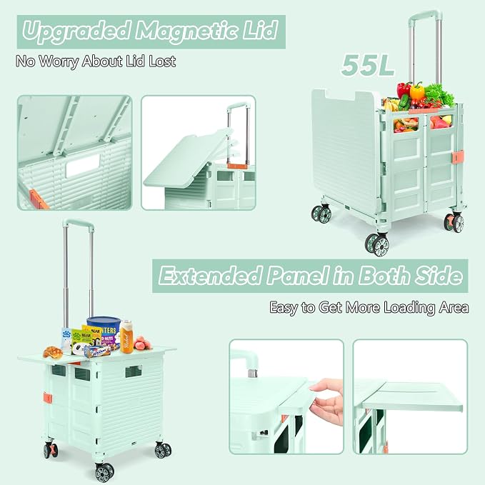 FELICON SELORSS Folding Utility Cart Portable Rolling Crate Handcart-Green | Adjustable Handle+Extended Magnetic Lid,Storage Basket Box,4 Swivel Wheels Tote for Teacher Move Shop Travel Grocery Office