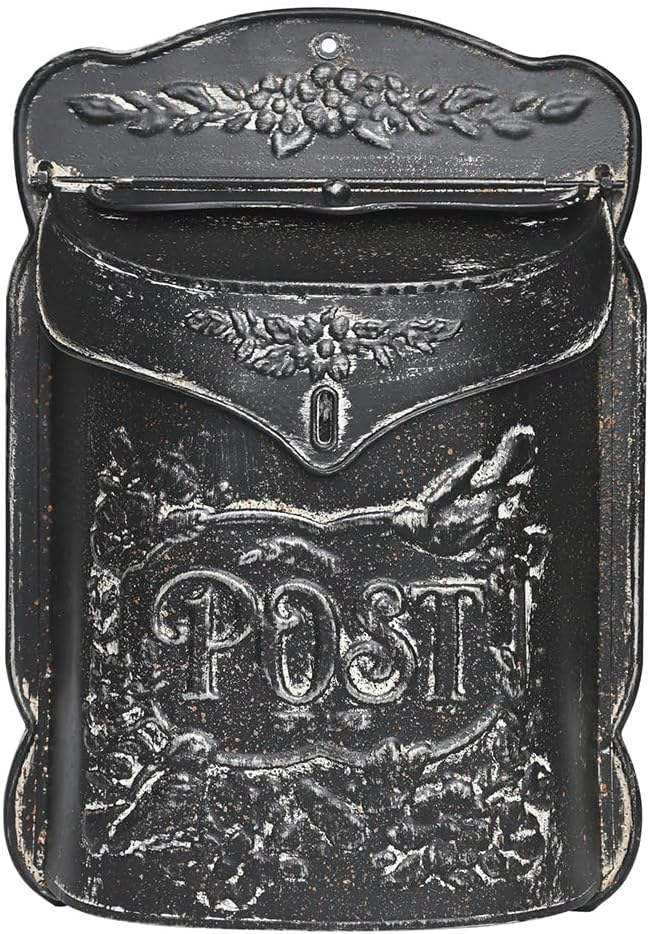 Wall Mount Mailbox for Outside Vintage Mail Boxes for House Outside Metal Door Mailbox Drop Box Antique Style Nostalgic Charm Home Decorative, Flower Pattern, Black