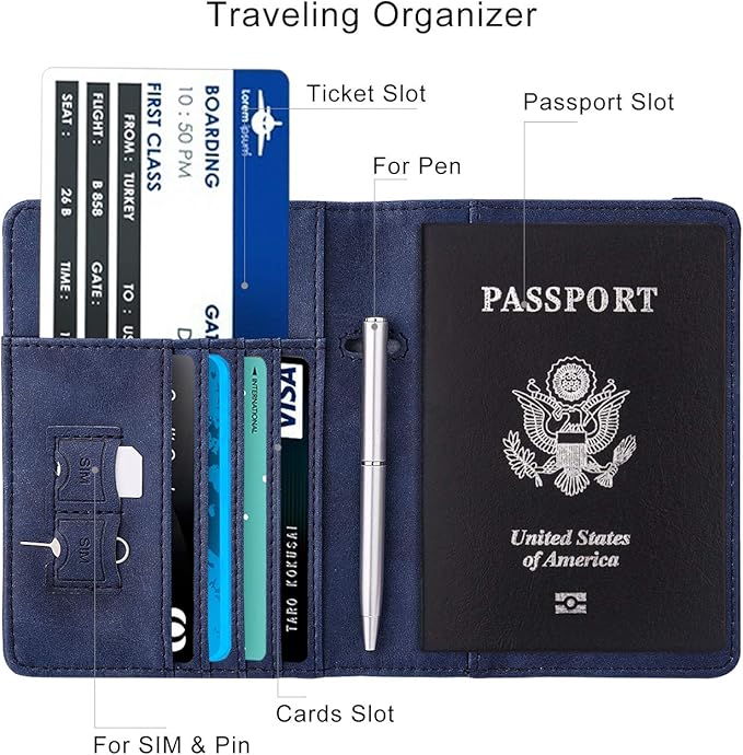 WALNEW Passport Holder for Travel, RFID Passport Cover Wallet for Women Men, PU Leather Passport Book Card Holder Case with Pen, Travelling Essentials for Flying | PU Leather Passport Cover Case with Pen Holder, Travel Must Haves Accessories, Passport ...