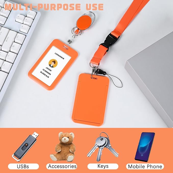 Orange ID Key Card Holder Lanyard,Badge Holders Keychain with Retractable Oval reels,Vertical Credit Card Holder Name Protector,for Nurse Teacher Student Women Girl
