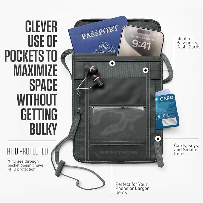 VENTURE 4TH Travel Neck Wallet, RFID Blocking Passport Holder - Sleek Gray
