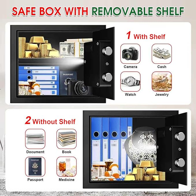 1.3 Cubic Feet Small Fire Safe Box for Home, Fireproof Safety Lock Box with Digital Keypad, Spare Keys and Removable Shelf, Personal Security Home Safes for Money, Jewelry, ID Documents