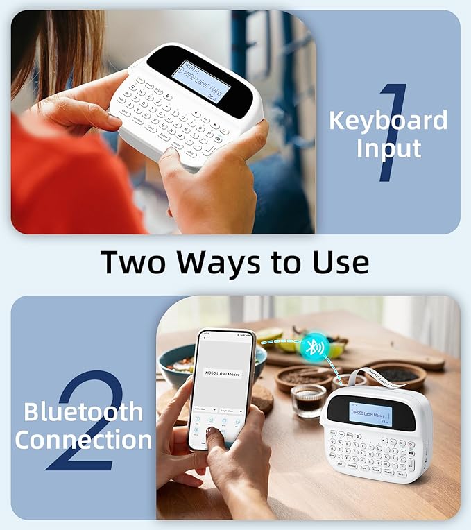 M950 Label Maker Machine Bundle, Rechargeable Portable Labeler Machine with 7 Tapes 12mm White, Bluetooth Handheld Label Printer, Backlit Inkless Labeling Maker for Office School Home