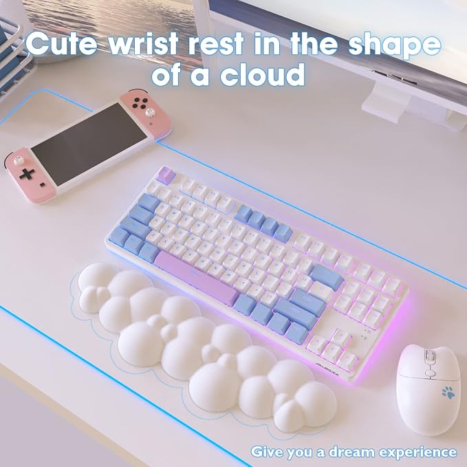 ATTACK SHARK Cloud Mouse Pad Wrist Support and Keyboard Wrist Rest,Ergonomic Design for Typing Pain Relief,Memory Foam Wrist Rest Leather Cup Coaster for Desk,Office,Computer Laptop,Mac(White)