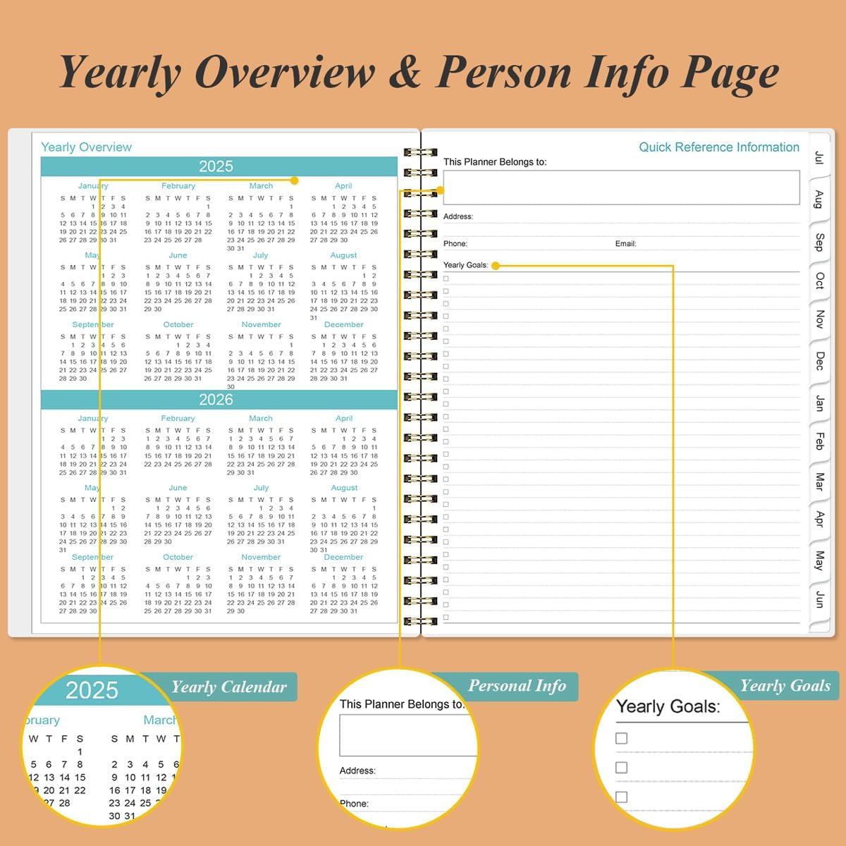 2025-2026 Planner - Academic Planner 2025-2026 from July 2025 to June 2026 with 12 Monthly Tabs, Flexible Cover, Inner Pocket, 8.5" x 11", Rose Flowers