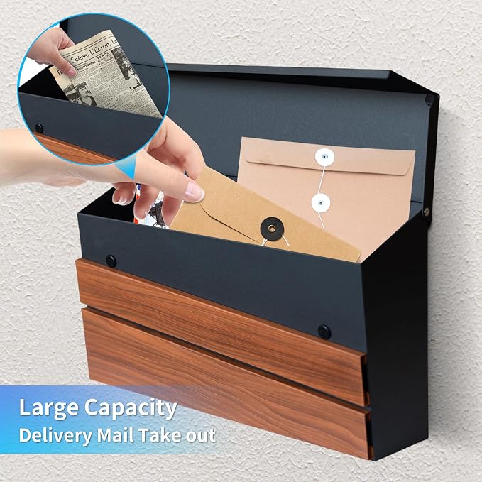 Wall-Mount Mailbox, Wood-Grain Metal Panel, Rust Resistant Large Capacity House Mailbox, Modern Drop Mailboxes for Outside, Metal Post Box (No Keys Locking)