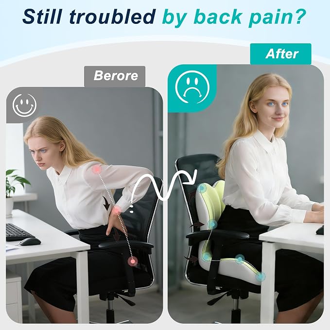 Seat Cushion for Office Chair and Car, Lumbar Support Pillow for Office Chair, Memory Foam Ergonomic Seat Cushion for Long Sitting, Back & Tailbone Pain, Sciatica - Green & Gray