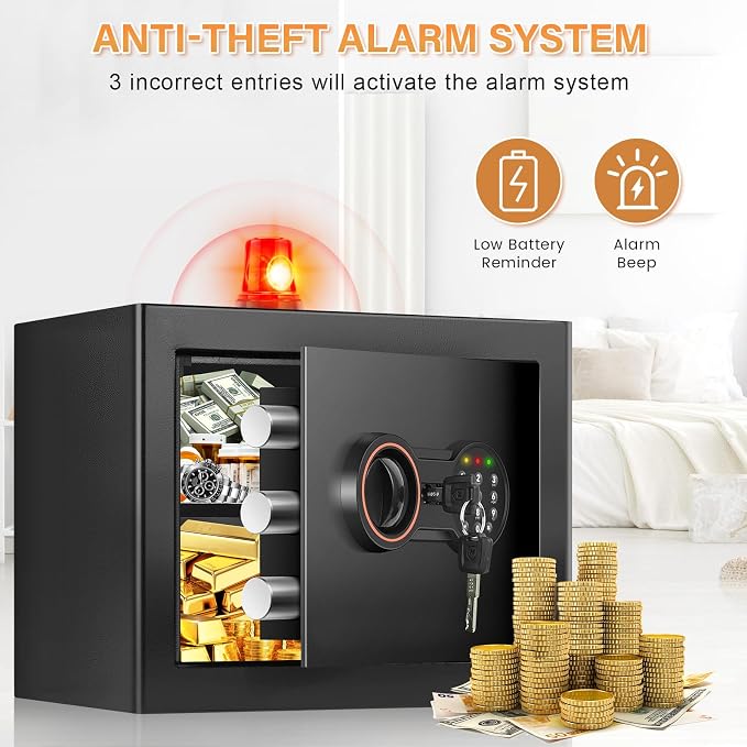 Small Safe for Home, Mini Safe Box for College Dorm Room | 9.8''Dx13.8''Wx9.8''H, Alarm System, LED Light, Wall/Floor Mountable Hidden Safes for Cash, Jewelry, Medicine