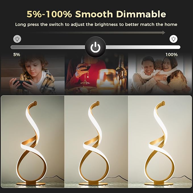 2 Pack Bedside Table Lamp, LED Spiral Desk Light, Touch Dimmable | 3 Color Temperature, Modern Nightstand Light for Night Stands, Unique Side Light for Bedroom, Living Room, Gold