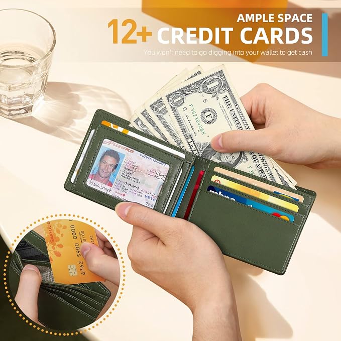 RUNBOX Wallet for Men, Slim Leather Bifold, RFID Blocking Card Holder | Minimalist Front Pocket Design, Credit Card Organizer, Holds 11 Cards, Large Capacity, Thin Profile, Birthday Gifts for Men