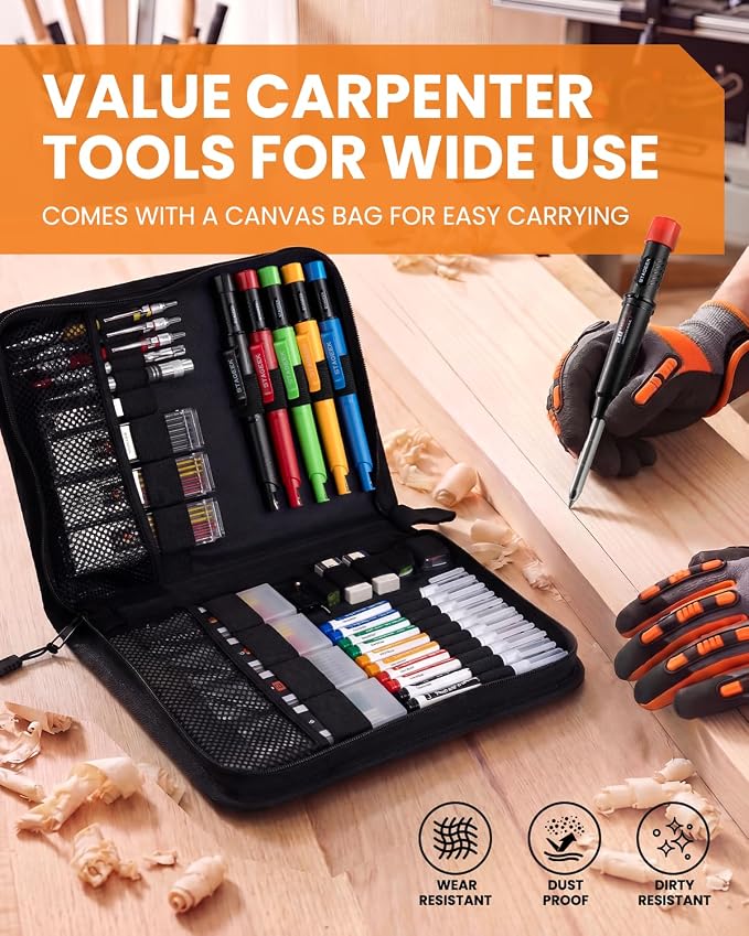 STAGEEK 49 Pack Carpenter Pencils Set With 164 Refills | Construction Pencil, Deep Hole Long-Nib Marker Pens, Automatic Center Punch and Carbide Scribe Tool for Woodworking with Case